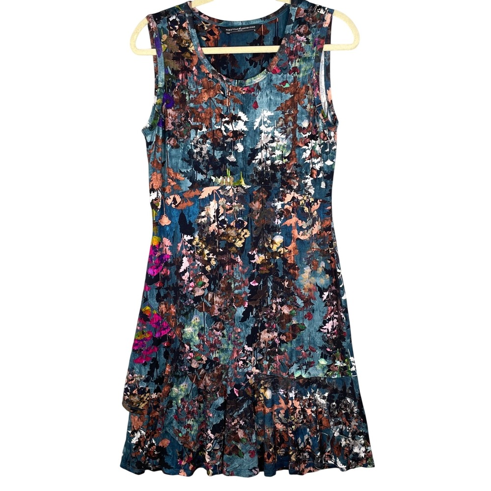 Peruvian Connection Dress Womens M Teal Floral Very Good Sleeveless Tiered Hem - Picture 1 of 9